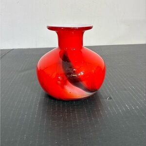 Red Art Glass Vasewith black and white accents 5”